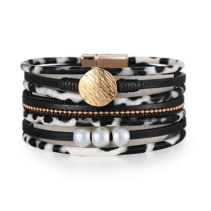 Bohemian Leather Bracelet with Leopard Print Design and Multi-layer Pearl Bracelet.