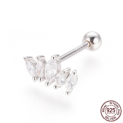 925 Sterling Silver Barbell Cartilage Earrings, Screw Back Earrings, with Micro Pave Clear Cubic Zirconia, with 925 Stamp, Crown