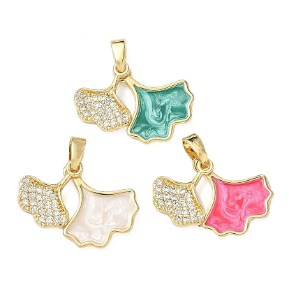 Латунные микро проложить кубического циркония подвески, с эмалью, гингко лист