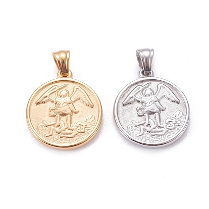 304 Stainless Steel Pendants, Flat Round with Archangel Michael