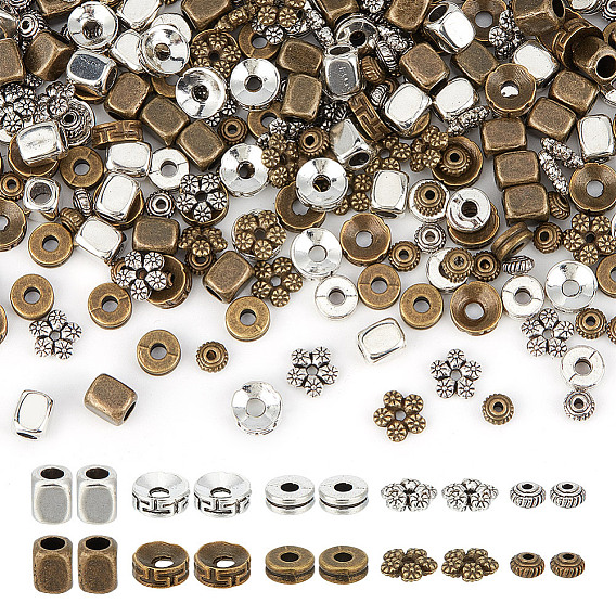 500шт 10 стили тибетский стиль сплава разделительные бусины наборы, цветок, рондель и кубовидный, разнообразные
