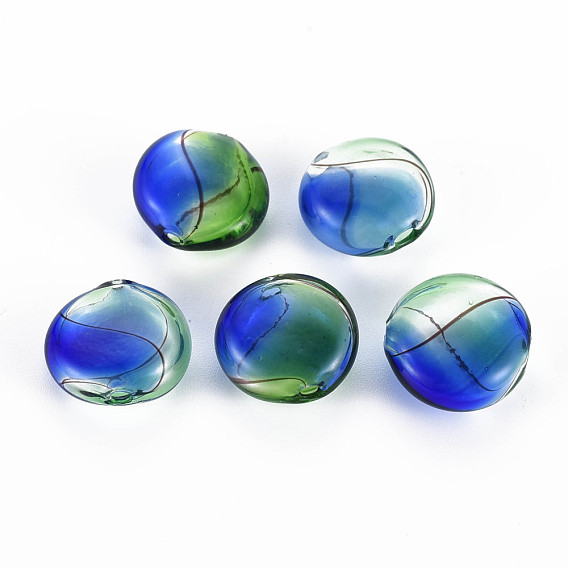 Transparent Handmade Blown Glass Globe Beads, Stripe Pattern, Flat Round