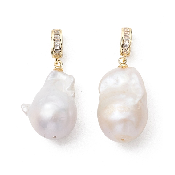 Подвески из натурального барочного жемчуга кеши, Подвески в виде самородков с латунными креплениями, инкрустированными прозрачными кубическими циркониями., белые