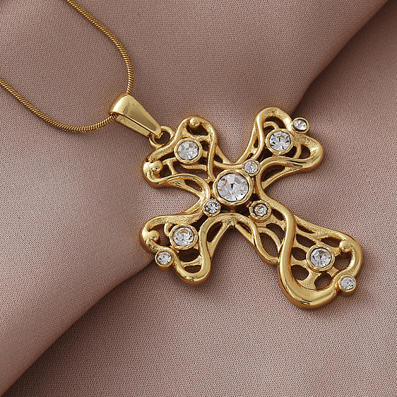 Винтажные 304 ожерелья с подвеской в виде креста из нержавеющей стали с прозрачным стеклом для женщин