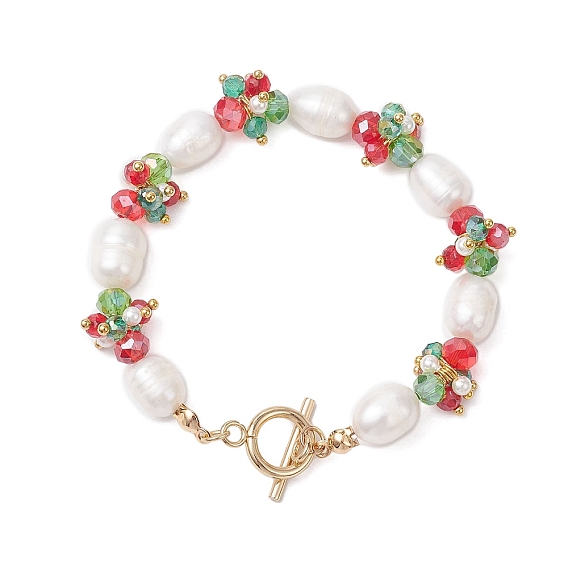 Рождественские браслеты из стекла и ракушек, жемчуга, жемчуга и латунных бусин для женщин, с 304 из нержавеющей стали тумблеров застежками