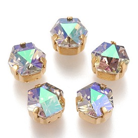 Hexagon Sew on Rhinestone, Glass Rhinestone, with Brass Prong Settings, Garments Accessories