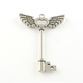 Tibetan Style Alloy Big Pendants, Key with Wings, Cadmium Free & Lead Free, 58.5x40x4mm, Hole: 3mm, about 131pcs/1000g