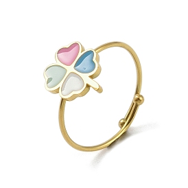 Clover 304 Stainless Steel Enamel Ring, 316 Surgical Stainless Steel Open Cuff Ring for Women