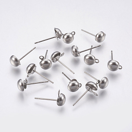 304 Stainless Steel Stud Earring Findings, with Loop, Half Round