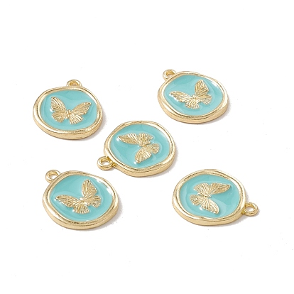 Alloy Enamel Pendants, Light Gold, Flat Round with Butterfly