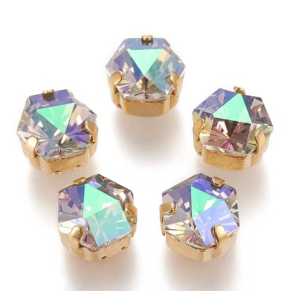 Hexagon Sew on Rhinestone, Glass Rhinestone, with Brass Prong Settings, Garments Accessories