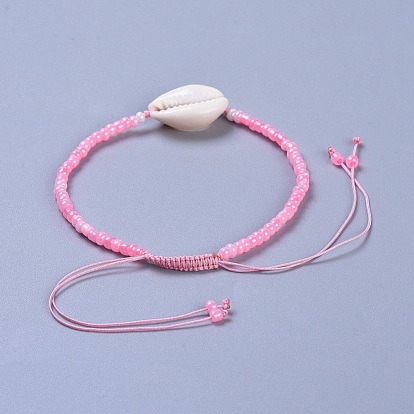Adjustable Glass Seed Bead Braided Bead Bracelets, with Cowrie Shell Beads and Braided Nylon Thread