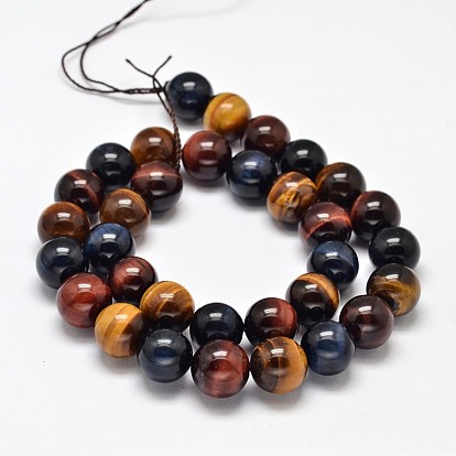 Natural Tiger Eye Beads Strands, with Blue & Red Tiger Eye(Dyed & Heated), Above Grade A, Round