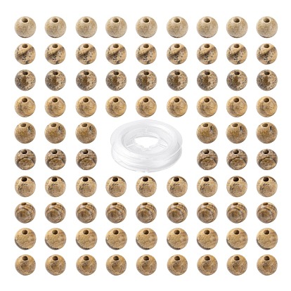 100Pcs 8mm Natural Picture Jasper Beads, with 10m Elastic Crystal Thread, for DIY Stretch Bracelets Making Kits