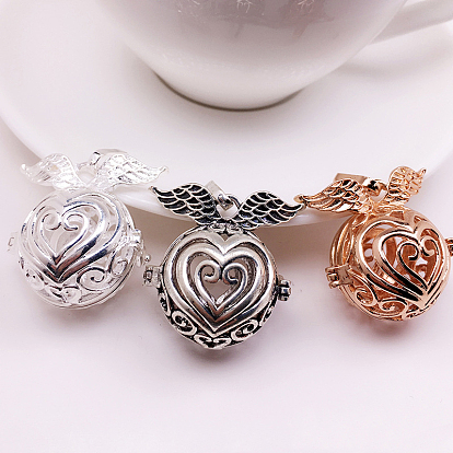Brass Bead Cage Pendants, Hollow Heart Charms with Wing, for Chime Ball Pendant Necklaces Making