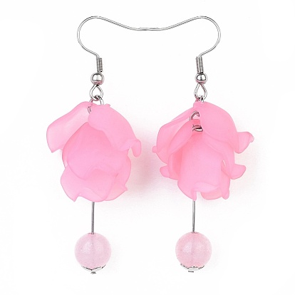 Dangle Earrings, with 304 Stainless Steel Findings, Acrylic Pendants and Natural Gemstone, Flower