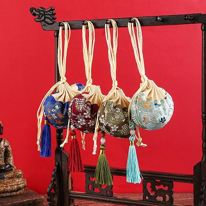 Flower Embroidery Silk & Satin Drawstring Sachet Bags with Tassel, for Jewelry