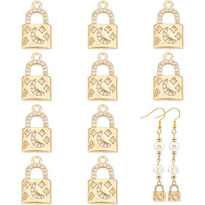 Brass Rhinestone Pendants, Padlock with Moon & Star