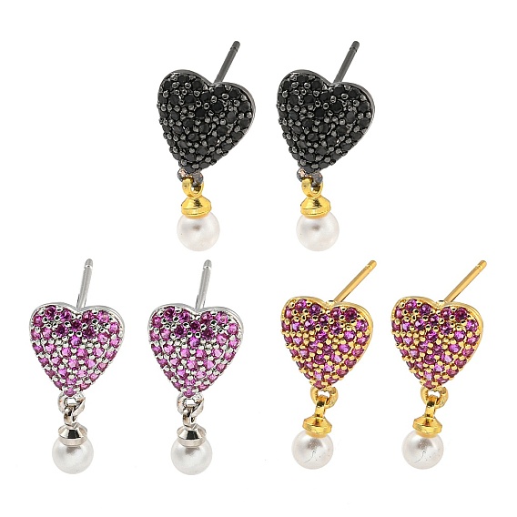 Rack Plating Brass Micro Pave Cubic Zirconia Stud Earring, Cadmium Free & Lead Free, Long-Lasting Plated, with ABS Imitation Pearl