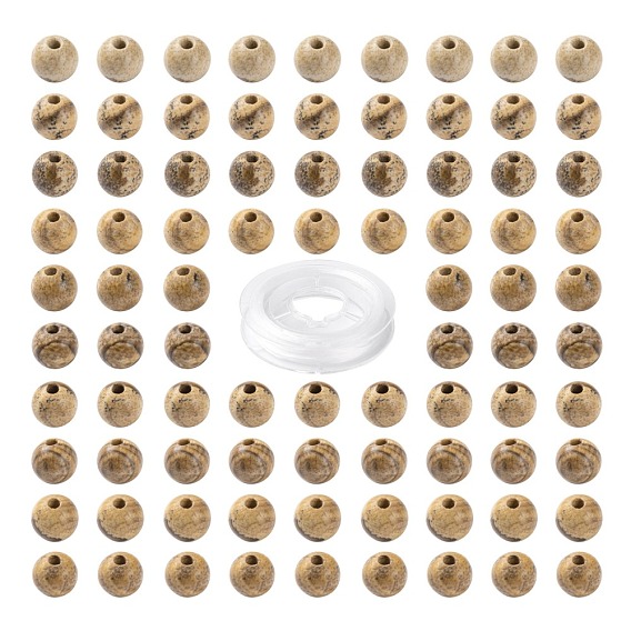 100Pcs 8mm Natural Picture Jasper Beads, with 10m Elastic Crystal Thread, for DIY Stretch Bracelets Making Kits
