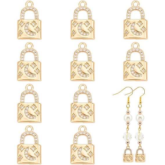 Brass Rhinestone Pendants, Padlock with Moon & Star