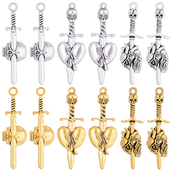 36 шт 6 стиль тибетского сплава большие подвески, меч с подвеской в виде черепа/сердца
