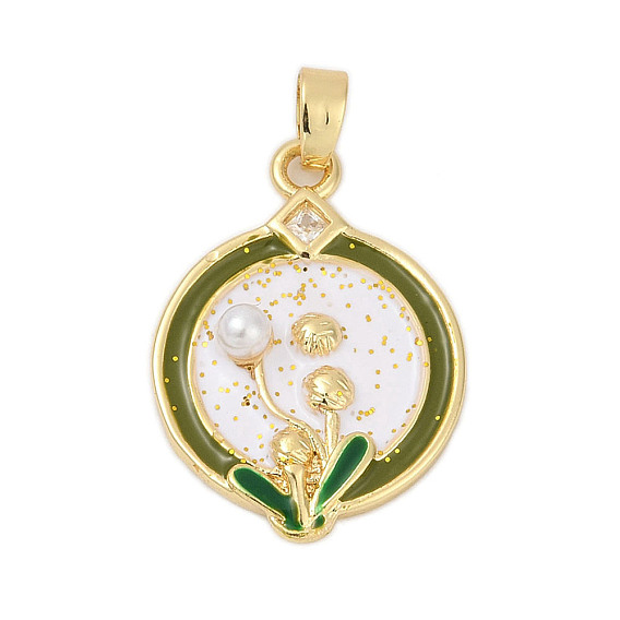 Латунные микро проложить кубического циркония подвески, с пластиковым искусственным жемчугом и эмалью, плоский круглый с цветными чарами, стойки покрытие, прочное покрытие, без кадмия и без свинца