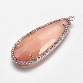 Brass Micro Pave Cubic Zirconia Pendants, with Faceted Cat Eye, Drop