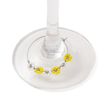 Flower Glass Seed Wine Glass Charms, with 316 Surgical Stainless Steel Hoop Earring Findings