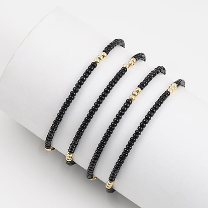 Stretch-Armbandsets aus Messing und schwarzen Glasperlen, mehrlagige, verstellbare, stapelbare Armbänder