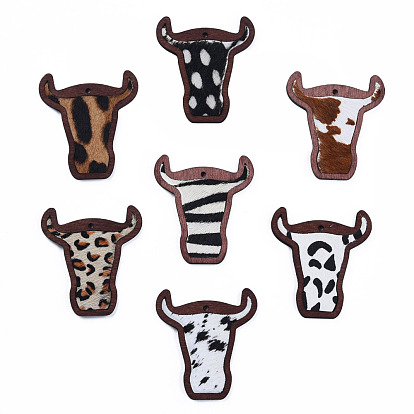 Eco-Friendly Cowhide Leather Big Pendants, with Dyed Wood, Cow's Head