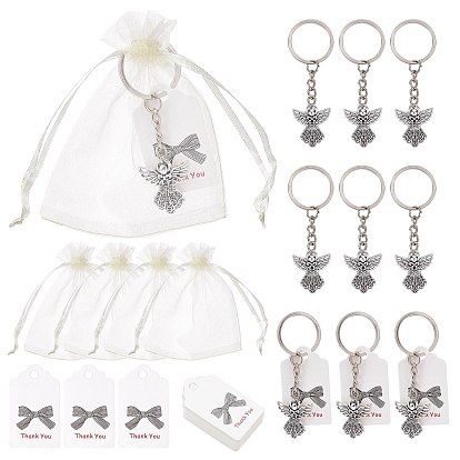 120Pcs DIY Angel Themed Keychain Making Kits, Including Iron Split Key Rings, Tibetan Style Alloy Angel Pendants, Paper Gift Tags, Organza Bags
