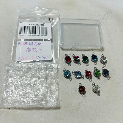 12Pcs 12 Colors K9 Glass Links/Connectors, Faceted, Flat Round, with 304 Stainless Steel Findings, Stainless Steel Color