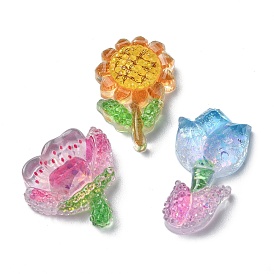 Cabochons décodés en résine époxy transparente, avec paillettes, fleur