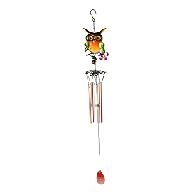 Spray Painted Iron Wind Chimes, Small Wind Bells Handmade Glass Pendants, with Brass Tubes, Owl