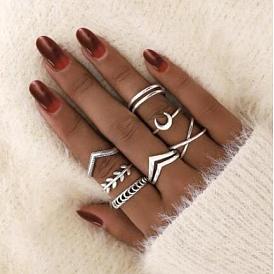 Boho Moon & Leaf Cross Rings Set - 7 Piece Minimalist Vintage Pinky Ring Collection