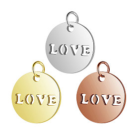 304 Stainless Steel Charms, Flat Round with Word LOVE