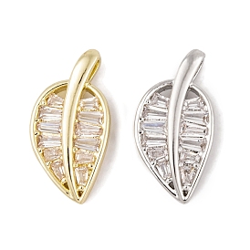 Brass Micro Pave Clear Cubic Zirconia Pendants, Long-Lasting Plated, Leaf Charms