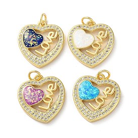 Valentine's Day Brass Micro Pave Clear Cubic Zirconia Pendants, with Synthetic Opal, Real 18K Gold Plated, Heart with Word Love Charms