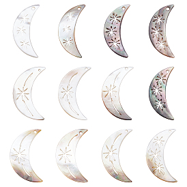 12Pcs 2 Style Natural Black Lip Shell Pendants, Moon with Star