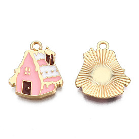 Christmas Theme, Alloy Enamel Pendants, Light Gold, Snow House