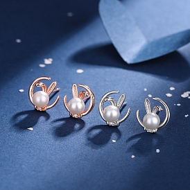 Boucles d'oreilles croissant de lune en perles d'imitation avec lapin, bijoux en laiton thème de pâques pour femmes