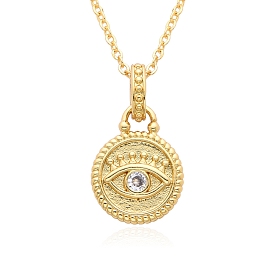 Brass Micro Pave Clear Cubic Zirconia Pendants Necklaces for Women, Flat Round with Evil Eye