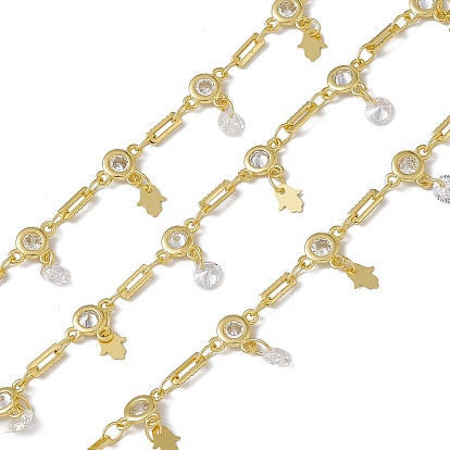 Brass Rectangle & Cubic Zirconia Flat Round Link Chains, with Hamsa Hand Charms, with Spool, Soldered, Long-Lasting Plated, Cadmium Free & Nickel Free & Lead Free