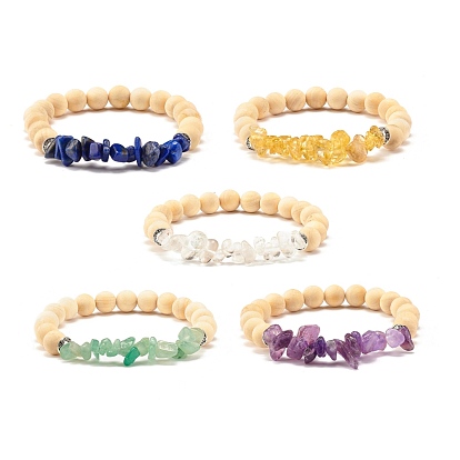 Natural Wood  Round Beads Stretch Bracelet, Natural Mixed Stone Chip Beads Bracelet for Women