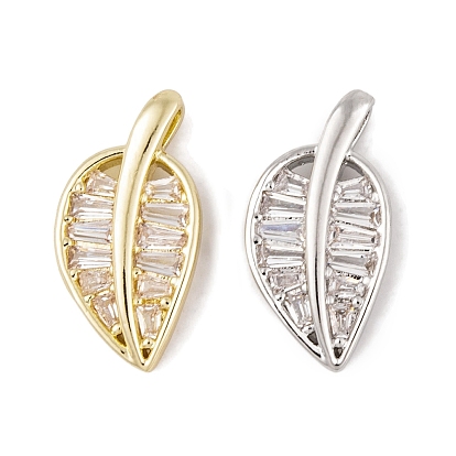 Brass Micro Pave Clear Cubic Zirconia Pendants, Cadmium Free & Nickel Free & Lead Free, Long-Lasting Plated, Leaf Charms