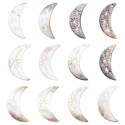12Pcs 2 Style Natural Black Lip Shell Pendants, Moon with Star