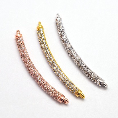 CZ Brass Micro Pave Cubic Zirconia Bar Links, Cadmium Free & Nickel Free & Lead Free, Curved Tube, 36x3x3mm, Hole: 1mm