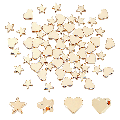 60Pcs 2 Style Brass Beads, Long-Lasting Plated, Heart & Star