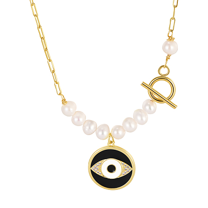 Brass Micro Pave Cubic Zirconia Pendant Necklaces, with Enamel and Natural Pearl Beads, Flat Round with Evil Eye